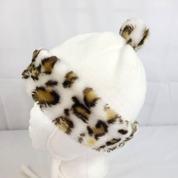 EUC Animal Leopard Print Youth 2-4T Trapper Beanie Cap Hat Ivory Earflap Tie - Picture 2 of 7